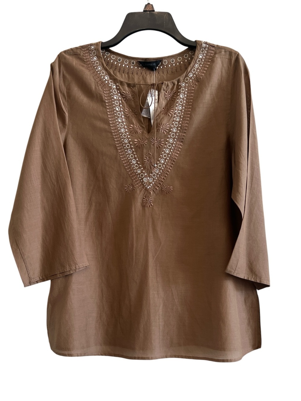 Express Brown Embroidered V-Neck Tunic